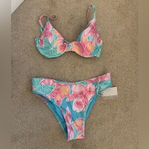 Floral Two-Piece Bikini Set in Turquoise, Pink & Peach
